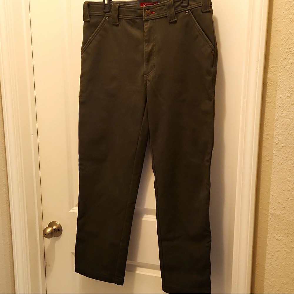 Green Cotton Canvas Flat Front Straight Leg Pants Regular Fit 32W 34 Zip